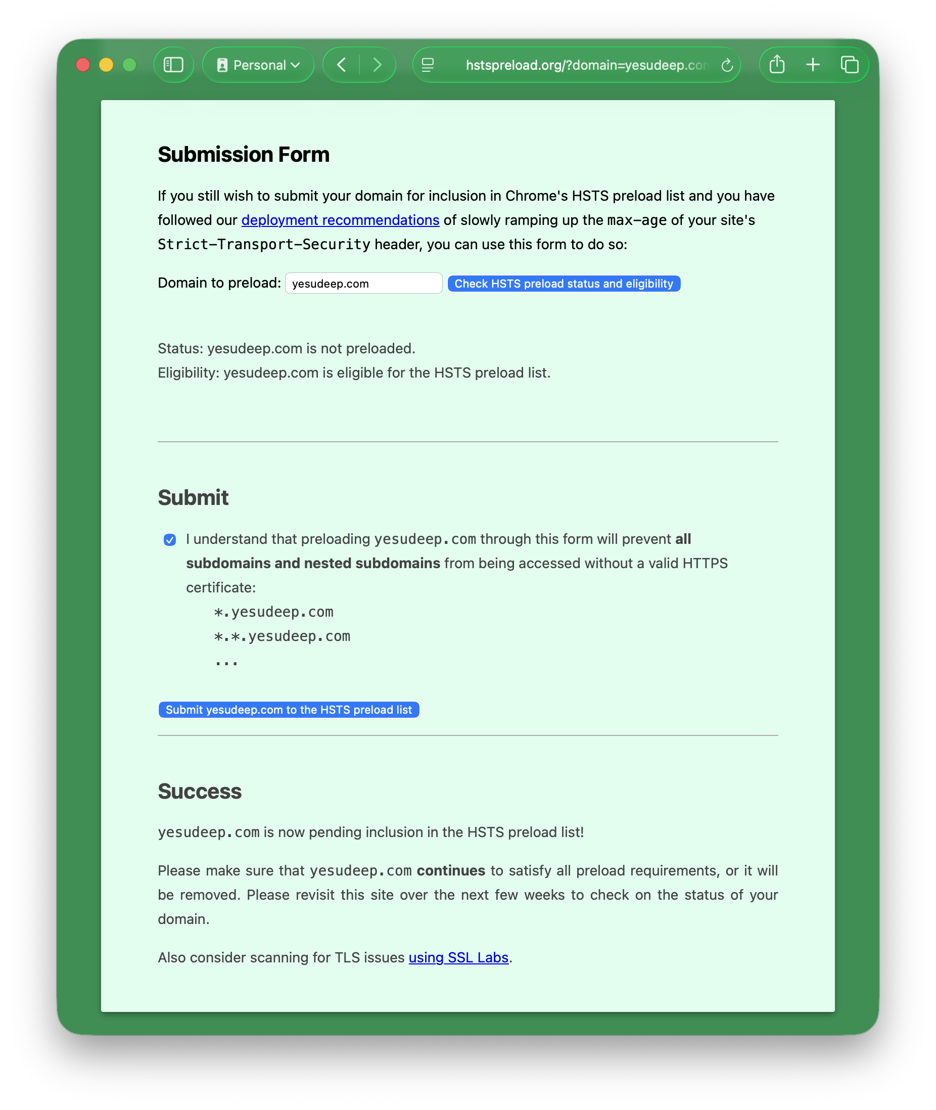 The same check after the override was corrected. The verdict has flipped to eligible and the form now offers the acknowledgement. The two screenshots differ by one dashboard setting, not by one commit — which is the whole lesson about where the header actually comes from.